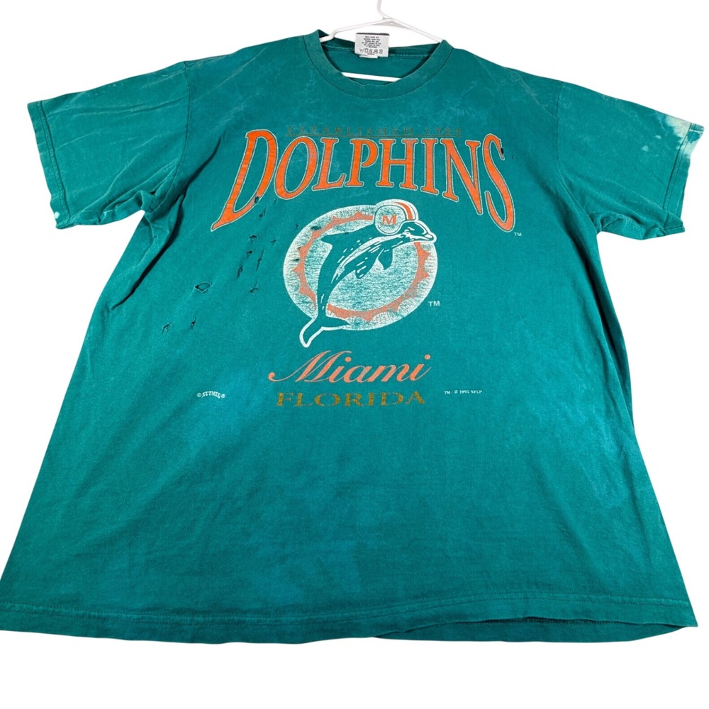Vintage 1995 Miami Dolphins T Shirt Lee Sport NFL Teal Distressed XL Nutmeg